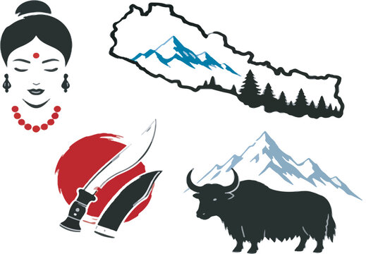 Nepal Cultural Icons Vector Set Featuring Flag, Khukuri, Boudhanath, and Himalayan Elements