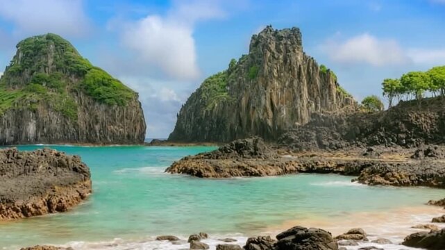 Fernando de Noronha in Brazil. Morro Dois Irmaos and Baia dos Porcos.