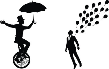 Black silhouette circus performer with umbrella unicycle and floating businessman with balloons vector illustration © MDGOLAP