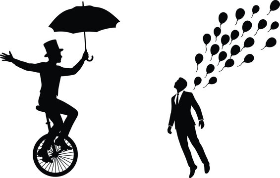 Black silhouette circus performer with umbrella unicycle and floating businessman with balloons vector illustration