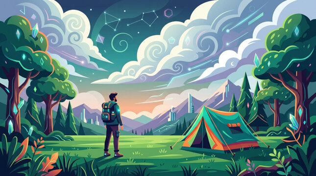 Silhouette of Person Camping at Sunset in Enchanted Forest with Glowing Tent and Starry Sky