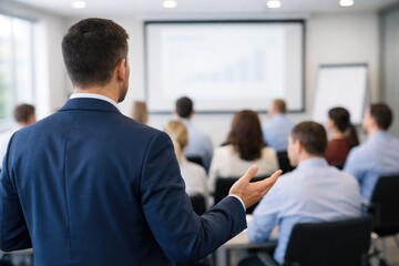 Fototapeta premium Businessman in a dark suit giving a presentation to a group of employees in a bright office conference room with a projection screen in the background