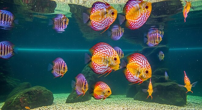 Beautiful vibrant discus fish swimming in a clear aquarium tank