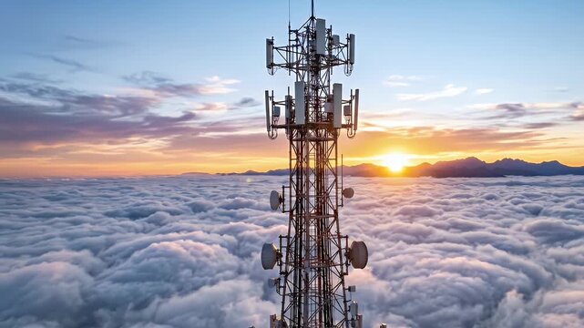 Telecommunication tower above the clouds at sunset with a mountain range in the background