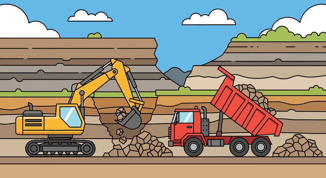 Excavator and dump truck working together 3.