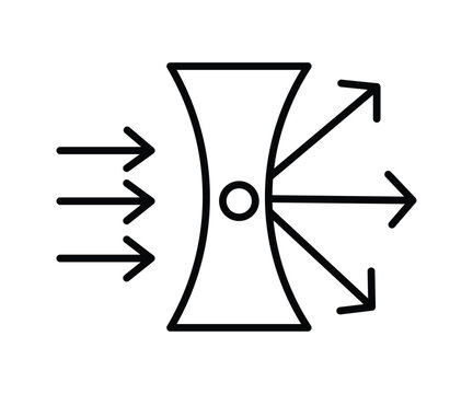 Concave lens focusing parallel incoming light rays into divergent outgoing beams optical physics illustration diagram.