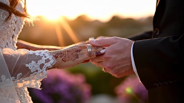 A tender moment captured as the bride and groom's hands intertwine beneath the warm glow of a setting sun, symbolizing their profound union and everlasting commitment amidst a beautiful outdoor