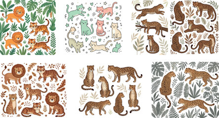 Set of Cute Wild Cat and Jungle Animal Illustrations Featuring Lions, Tigers, Leopards, and Cats in Various Poses for Children, Safari, Wildlife, and Playful Designs © KP Studio
