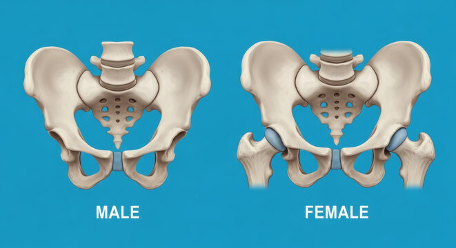 Comparison of male and female human pelvis anatomy illustration