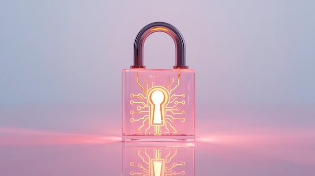 Conceptual studio photograph of a transparent glass security padlock with glowing golden digital circuit lines inside on pink background, data privacy, generative AI