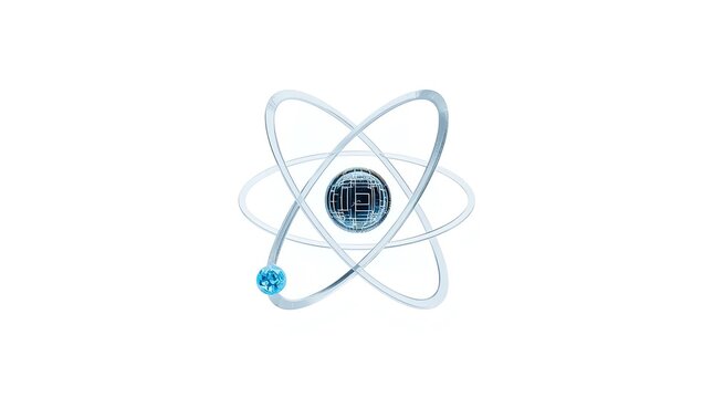 Conceptual studio photograph of a transparent glass atom structure with glowing blue digital microchip core on pure white background, quantum tech, generative AI