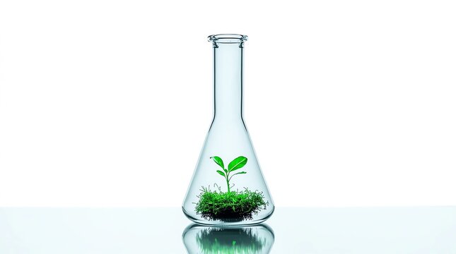 Conceptual studio photograph of a transparent glass erlenmeyer flask with a small green plant growing inside on white background, biotechnology concept
