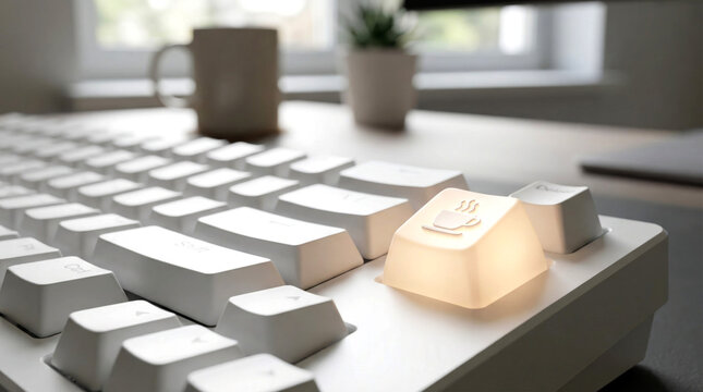 White mechanical keyboard with a glowing coffee cup keycap, a cup of coffee, and a succulent plant on a desk in a bright office workspace