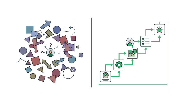 Split scene showing left side confusing onboarding with scattered elements and unclear steps, right side structured onboarding