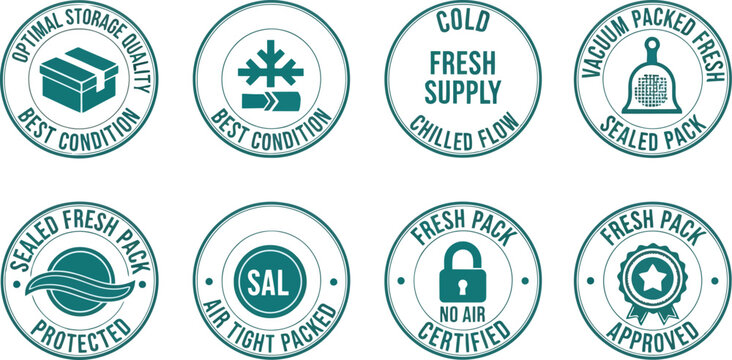 Set of eight circular teal graphic seals and stamps with icons for food and delivery services optimal best condition.