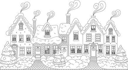 Fototapeta premium Christmas Village Houses Coloring Page Line Art Vector with Snow Covered Roofs and Winter Town Buildings for Holiday Activity Designs