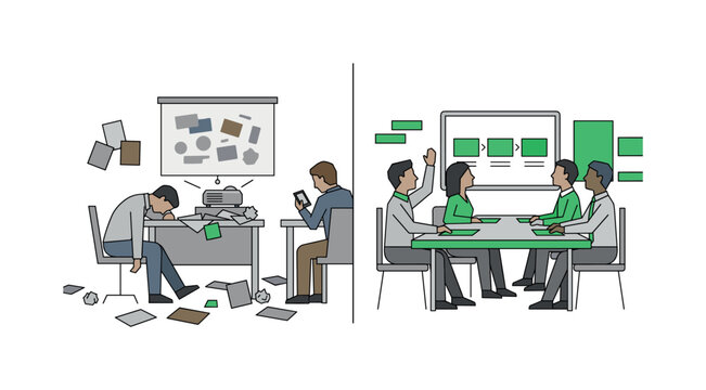 Split scene showing left side ineffective corporate training with scattered materials and disengaged users, right side structured