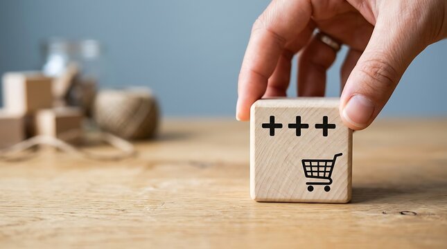 A hand placing a wooden block with a shopping cart and plus signs on a table with blocks and a jar in the background indoors.