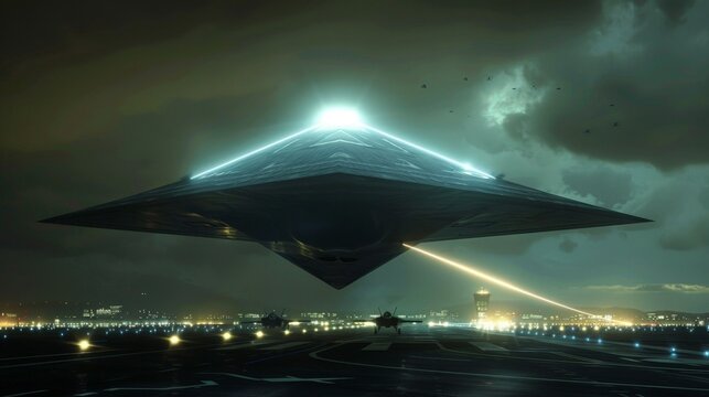 Dark sky looms above massive, sleek alien vessel