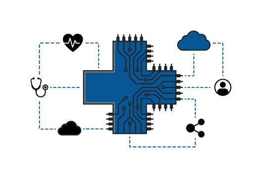 cross symbol merged with a microchip pattern as symbolic hero object representing healthcare technology, surrounded by small