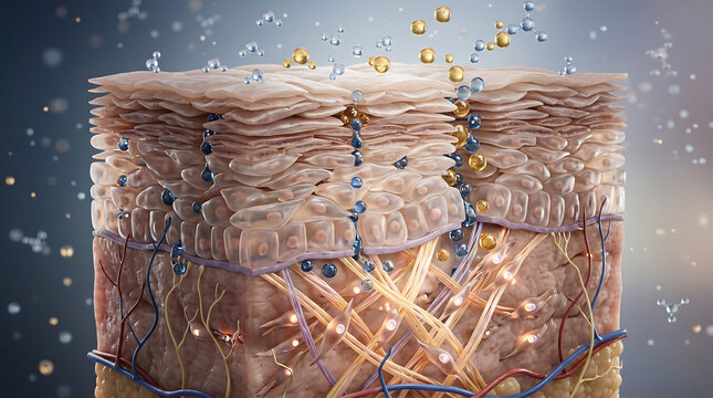 Deep Skin Layer Dermal Matrix with Golden Particles and Brightening Cream Molecules 3D Science Illustration.