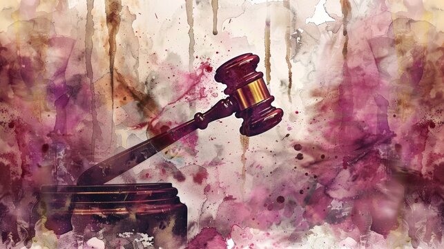 Gavel resting on block, abstract watercolor background