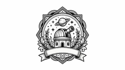 Vintage Observatory Emblem with Telescope and Planet. © azka