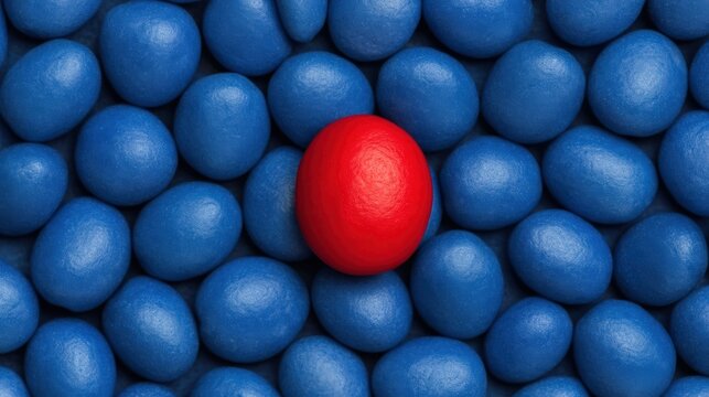 A single red egg stands out among a group of blue eggs, symbolizing uniqueness and individuality.