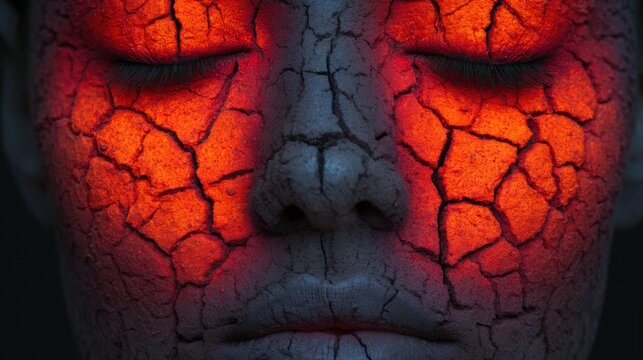 Cracked Skin and Fiery Eyes: A close-up of a face with dried, cracked skin revealing an intense, fiery glow beneath, conveying a sense of internal struggle or extreme emotion.