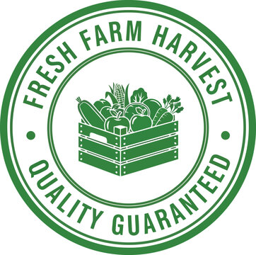 Fresh farm harvest quality guaranteed seal with crate of vegetables and fruits for premium organic produce.