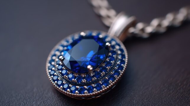 A close-up of an elegant silver necklace pendant featuring a large blue gemstone surrounded by smaller blue stones, resting on a dark surface.
