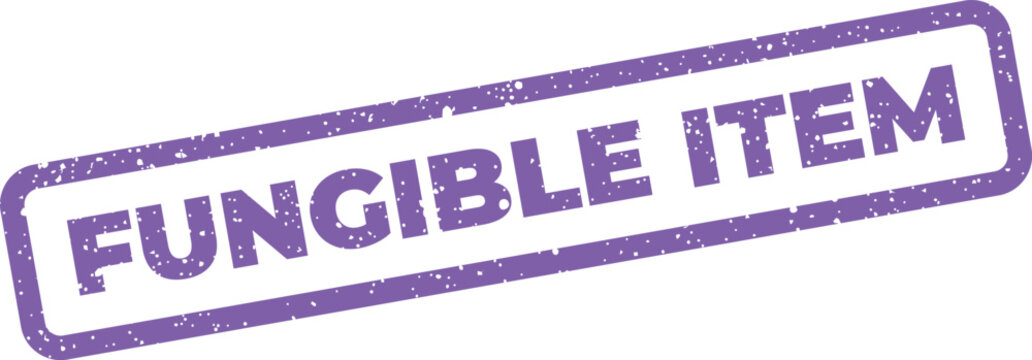 Distressed vector graphic featuring a rectangular rubber stamp impression with the important words fungible item