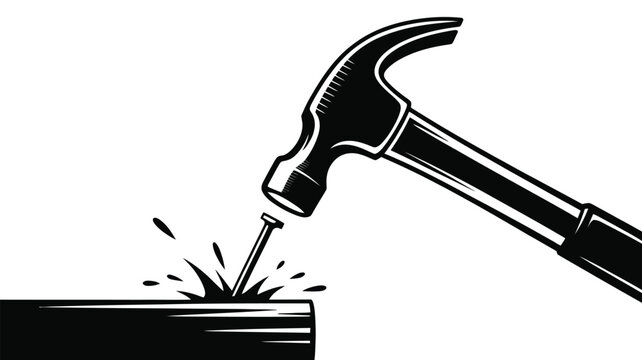 Hammer striking nail vector silhouette icon, carpentry and construction tool symbol for woodworking, repair, and handyman design