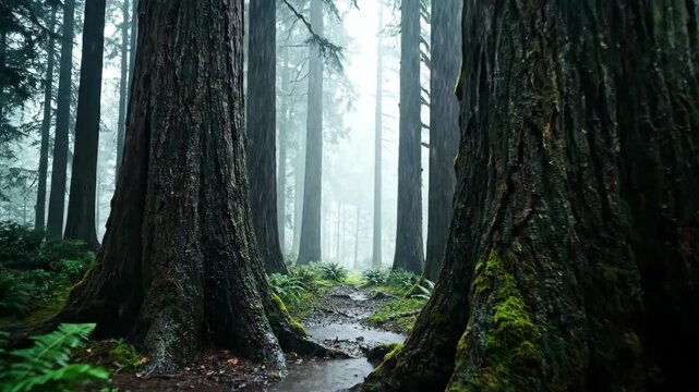 Serene Forest Scene with Tall Trees and Lush Green Foliage.