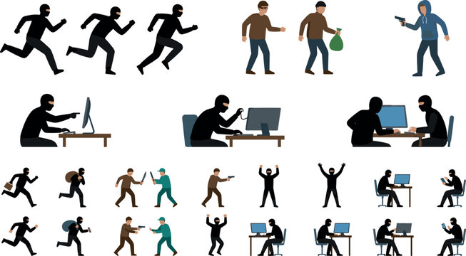 Criminal and Cyber Crime Illustration Collection Featuring Robber Hacker Thief Gunman and Police Arrest Concepts for Security and Crime Designs
