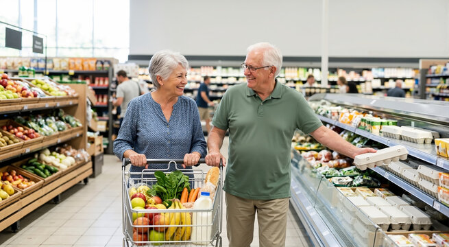 Cheerful elderly couple grocery shopping in supermarket. Senior man and woman buying fresh food and eggs with full shopping cart
