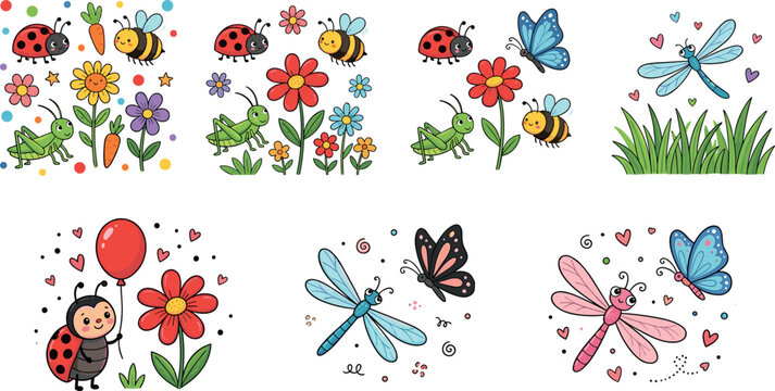 Cute Garden Insect Illustration Collection Featuring Ladybug Butterfly Dragonfly Bee and Grasshopper Cartoon Characters with Flowers for Kids Designs