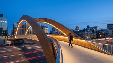 Fototapeta premium Urban pedestrian bridge at blue hour, its arching timber structure glowing under integrated strip lighting, a solitary commuter walks its ge 2