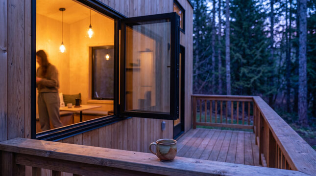 Tiny house interior at twilight, warm amber interior light spills through a large pivot window onto a cedar deck, a single tea cup on the ra 2