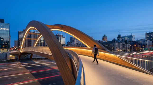 Urban pedestrian bridge at blue hour, its arching timber structure glowing under integrated strip lighting, a solitary commuter walks its ge 2
