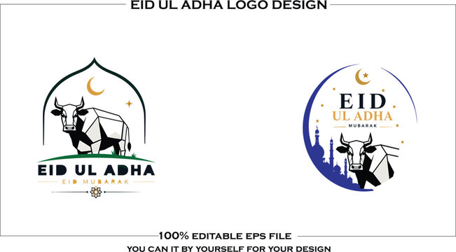 Eid ul adha logo design featuring a cow and crescent moon on a white background with editable eps file for custom design