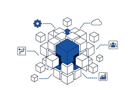 expandable cube structure as symbolic hero object with smaller cubes replicating outward from a  core, surrounded by