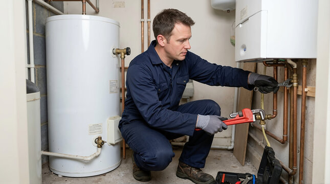 Male gas fitter adjusting copper pipes on a water heater with a red wrench. Professional plumber in blue overalls performing maintenance in a utility room. Home heating system repair concept