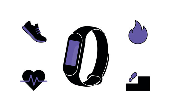Minimal fitness tracker band as  product with simple rectangular screen, surrounded by floating contextual elements like