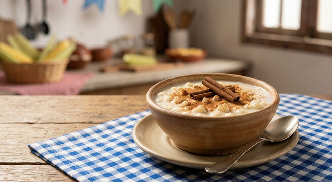 Bowl of canjica with cinnamon on a blue checkered tablecloth. Traditional Brazilian sweet corn dessert