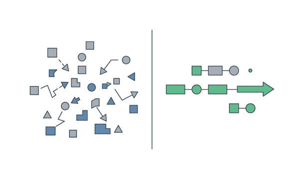 Split scene showing left side fragmented communication with disconnected elements and unclear flow, right side aligned corporate