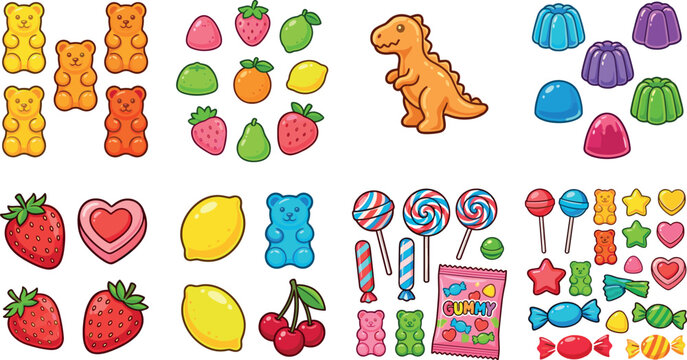 Cute Kawaii Candy and Sweet Food Illustration Collection Featuring Gummies Lollipops Jelly Fruits and Cartoon Dessert Characters for Kids Designs