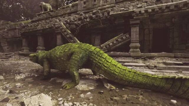 Moss covered crocodile resting near temple, soft golden light bathing broken steps, quiet atmosphere and photoreal detail creating serene yet uncanny scene.