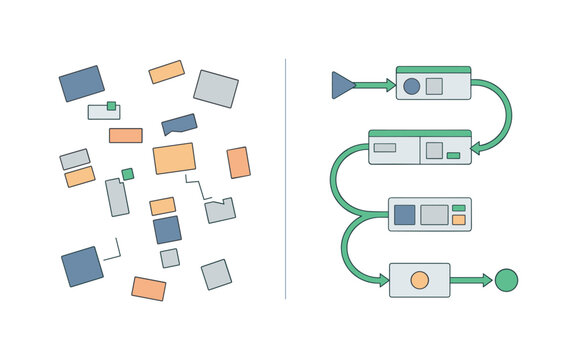 Split scene showing left side fragmented learning tools with disconnected elements, right side unified platform with integrated