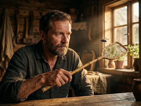 Focused Man Hunting Housefly with Traditional Bamboo Fly Swatter in Rustic Wooden Cabin Interior